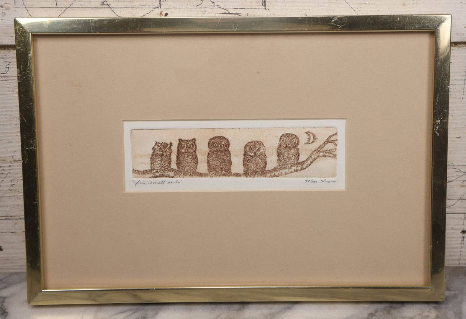Lot 077 - Vintage Etching Print Titled "Five Small Owls," Limited Number 49 Of 100, Artist Signed Olson, In Frame, 14-1/2" x 9-3/4"