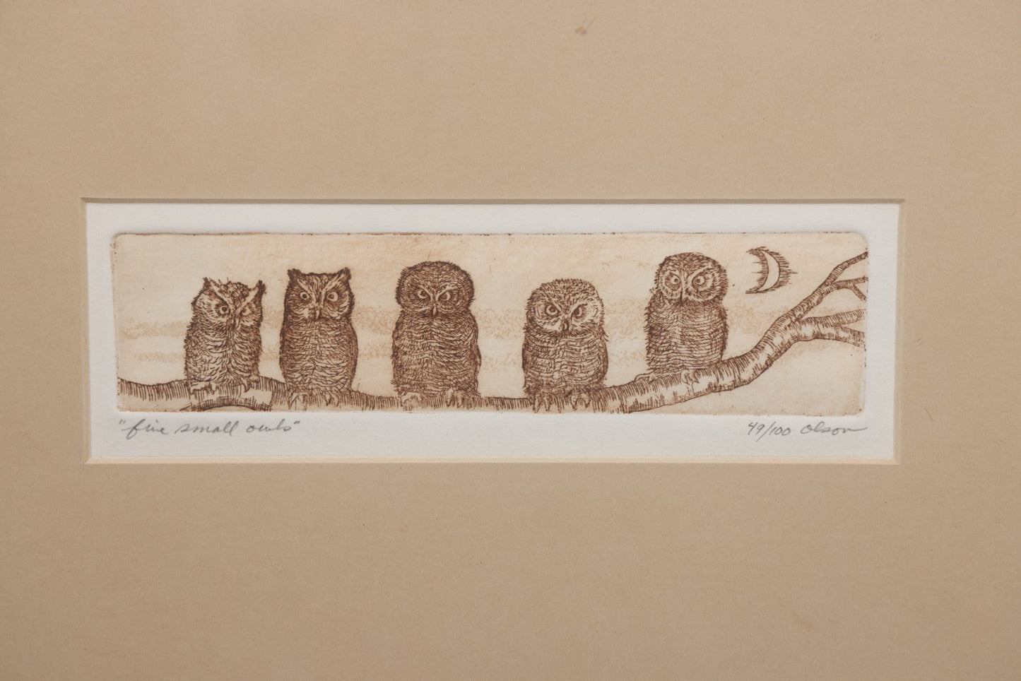 Lot 077 - Vintage Etching Print Titled "Five Small Owls," Limited Number 49 Of 100, Artist Signed Olson, In Frame, 14-1/2" x 9-3/4"