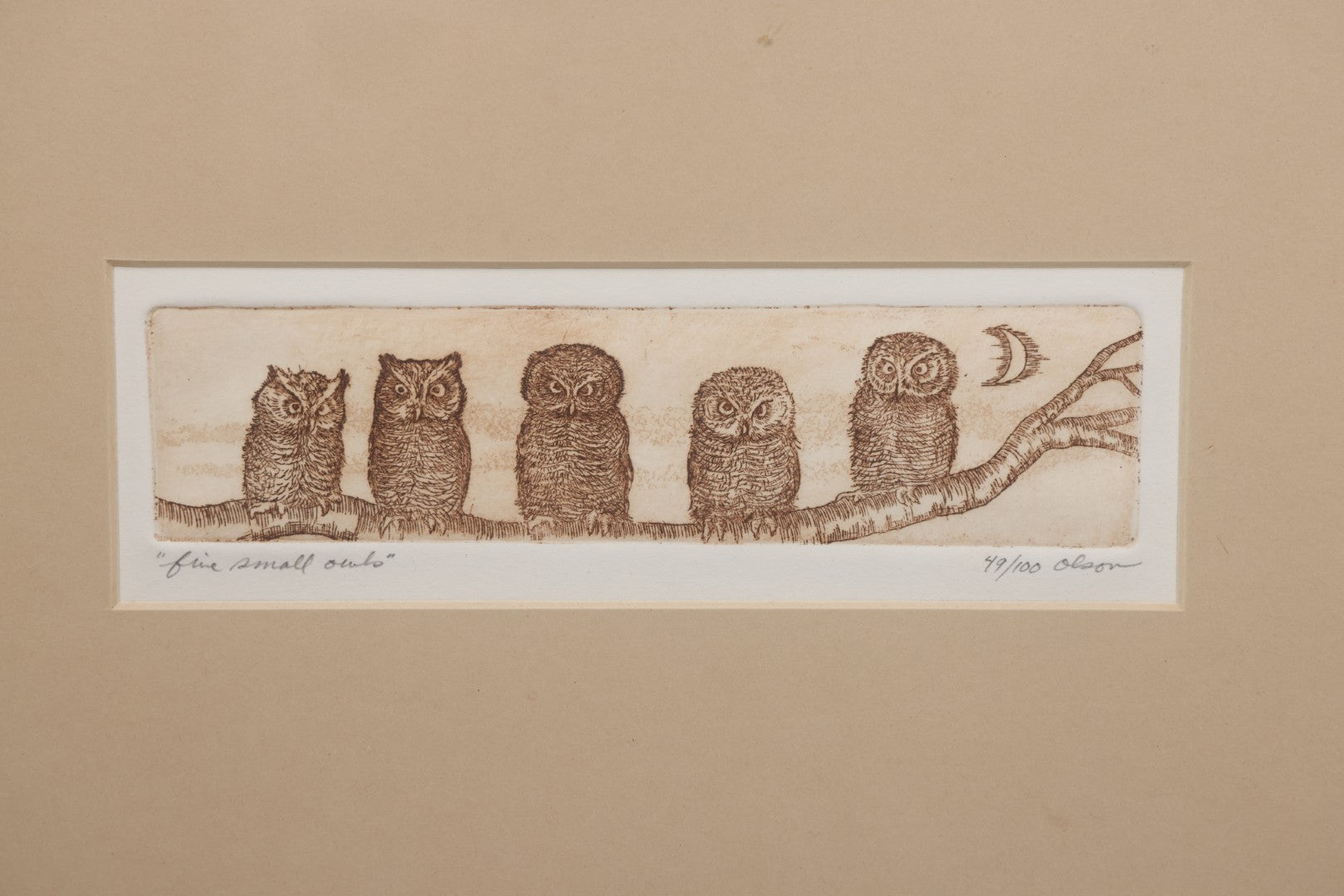 Lot 077 - Vintage Etching Print Titled "Five Small Owls," Limited Number 49 Of 100, Artist Signed Olson, In Frame, 14-1/2" x 9-3/4"