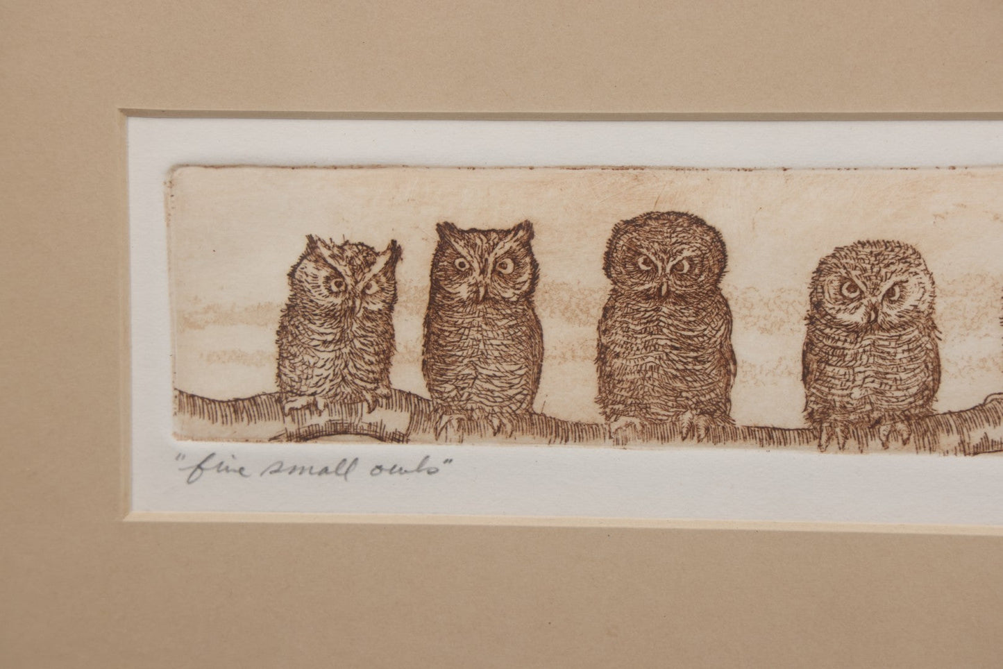 Lot 077 - Vintage Etching Print Titled "Five Small Owls," Limited Number 49 Of 100, Artist Signed Olson, In Frame, 14-1/2" x 9-3/4"