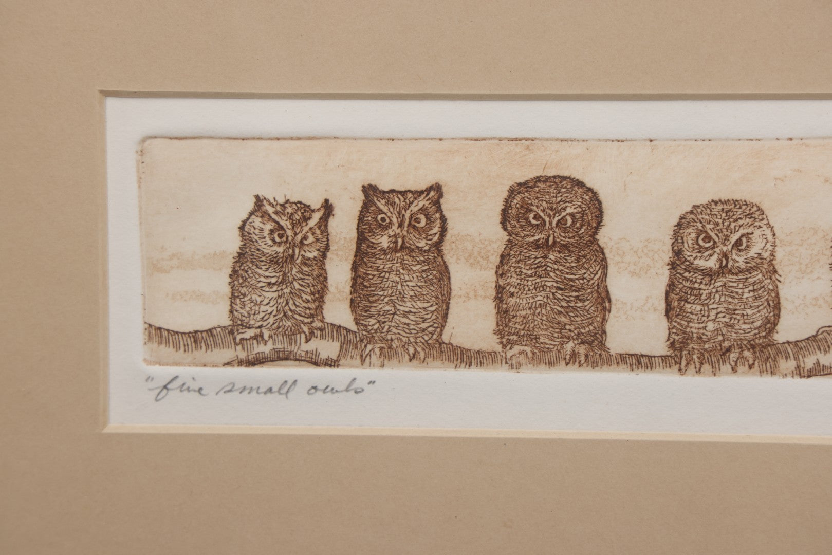 Lot 077 - Vintage Etching Print Titled "Five Small Owls," Limited Number 49 Of 100, Artist Signed Olson, In Frame, 14-1/2" x 9-3/4"
