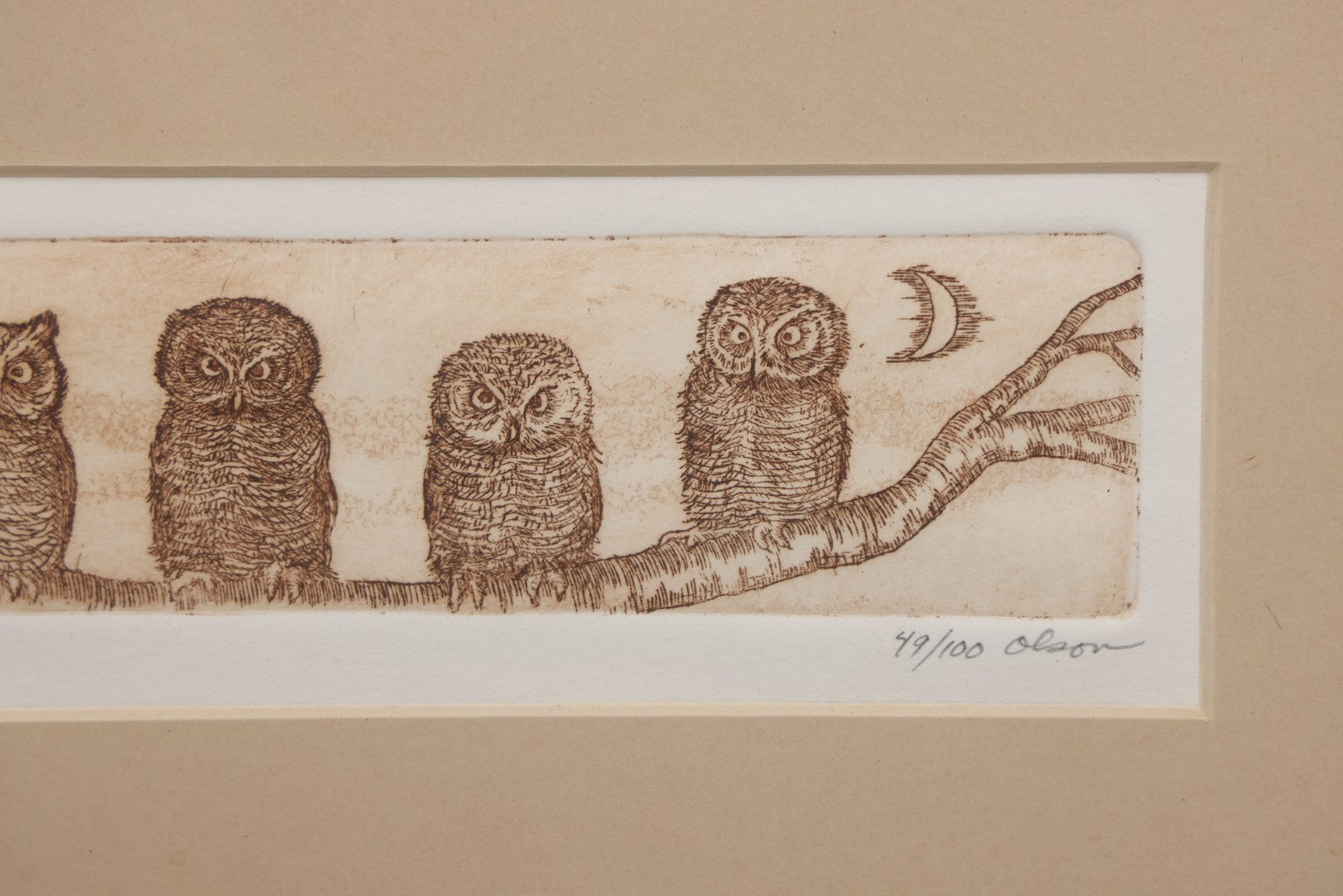 Lot 077 - Vintage Etching Print Titled "Five Small Owls," Limited Number 49 Of 100, Artist Signed Olson, In Frame, 14-1/2" x 9-3/4"