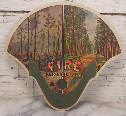 Lot 081 - Vintage "Fire Ruins The Land" Board Advertising Fan, Printed With Illustrations Of Forest Before And After Fire, "Timber Is A Crop" P.S.A. Text On Verso, Produced By Texas Forestry Association, Lufkin, Texas