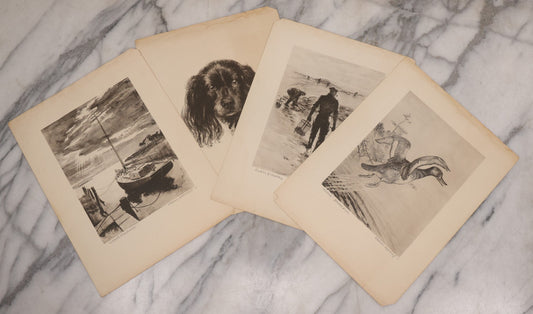 Lot 082 - Grouping Of Four Vintage Etching Prints By Frank Hopkins Including "Clam Diggers," "Night's Mooring," "Woofie," And "Young Broadbill," Stony Creek, Brandford, Connecticut