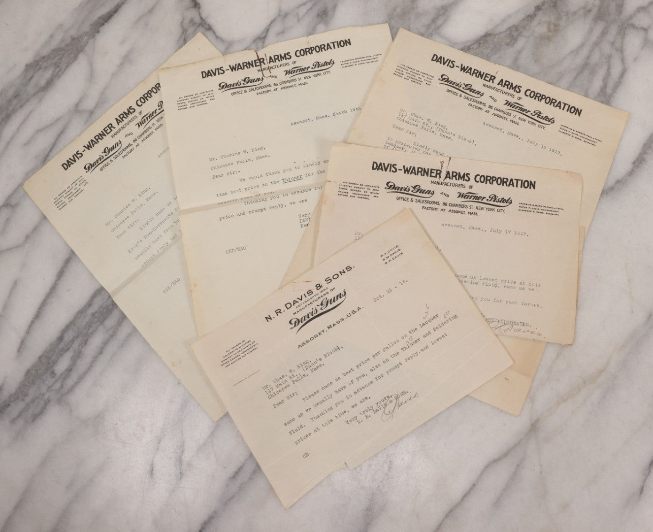 Lot 083 - Grouping Of 5 Antique Letters From Davis-Warner Arms Corp., Assonet, Mass, Manufacturer Of Davis Guns And Warner Pistols, To Charles W. King, Chicopee Falls, Mass, Inquiring About Soldering And Lacquer Products For Gun Manufacture, 1916-1918