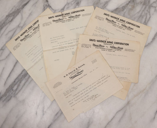 Lot 083 - Grouping Of 5 Antique Letters From Davis-Warner Arms Corp., Assonet, Mass, Manufacturer Of Davis Guns And Warner Pistols, To Charles W. King, Chicopee Falls, Mass, Inquiring About Soldering And Lacquer Products For Gun Manufacture, 1916-1918