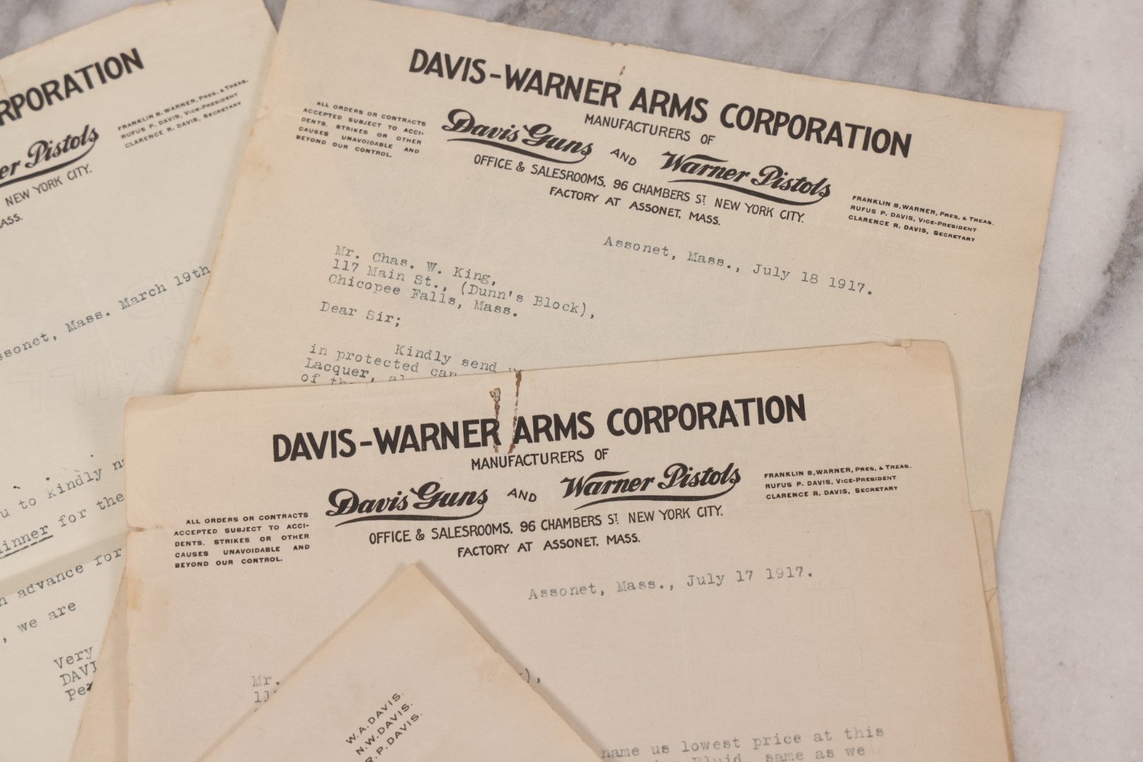 Lot 083 - Grouping Of 5 Antique Letters From Davis-Warner Arms Corp., Assonet, Mass, Manufacturer Of Davis Guns And Warner Pistols, To Charles W. King, Chicopee Falls, Mass, Inquiring About Soldering And Lacquer Products For Gun Manufacture, 1916-1918
