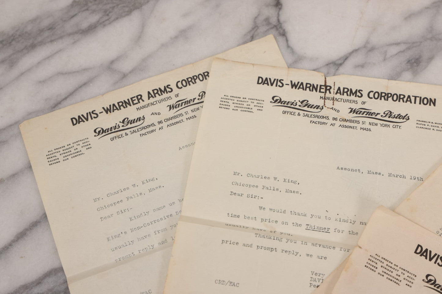 Lot 083 - Grouping Of 5 Antique Letters From Davis-Warner Arms Corp., Assonet, Mass, Manufacturer Of Davis Guns And Warner Pistols, To Charles W. King, Chicopee Falls, Mass, Inquiring About Soldering And Lacquer Products For Gun Manufacture, 1916-1918
