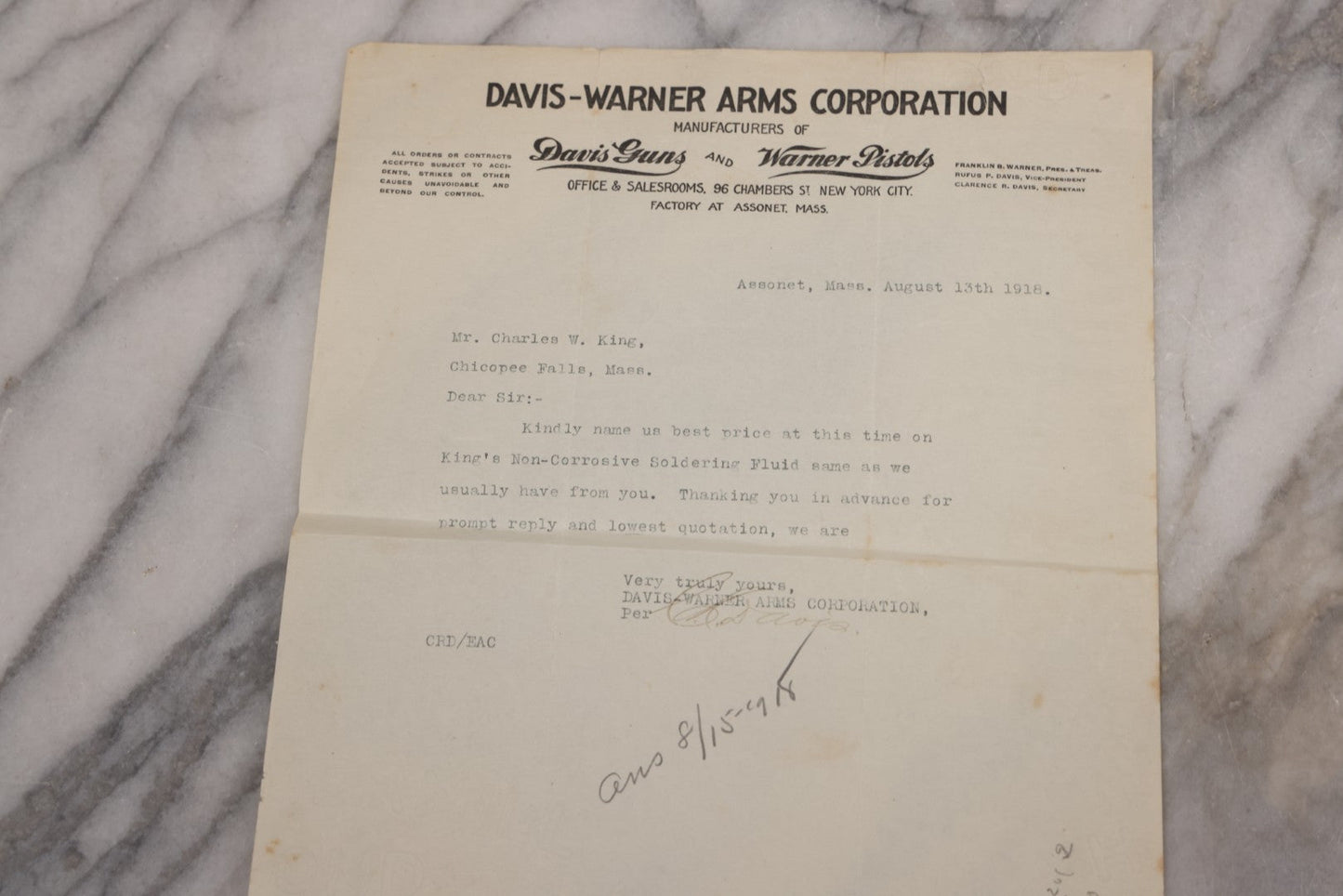 Lot 083 - Grouping Of 5 Antique Letters From Davis-Warner Arms Corp., Assonet, Mass, Manufacturer Of Davis Guns And Warner Pistols, To Charles W. King, Chicopee Falls, Mass, Inquiring About Soldering And Lacquer Products For Gun Manufacture, 1916-1918