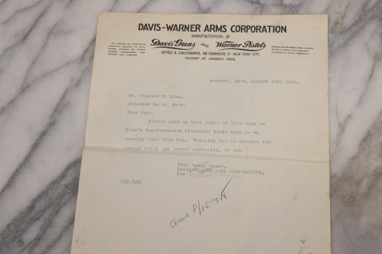 Lot 083 - Grouping Of 5 Antique Letters From Davis-Warner Arms Corp., Assonet, Mass, Manufacturer Of Davis Guns And Warner Pistols, To Charles W. King, Chicopee Falls, Mass, Inquiring About Soldering And Lacquer Products For Gun Manufacture, 1916-1918