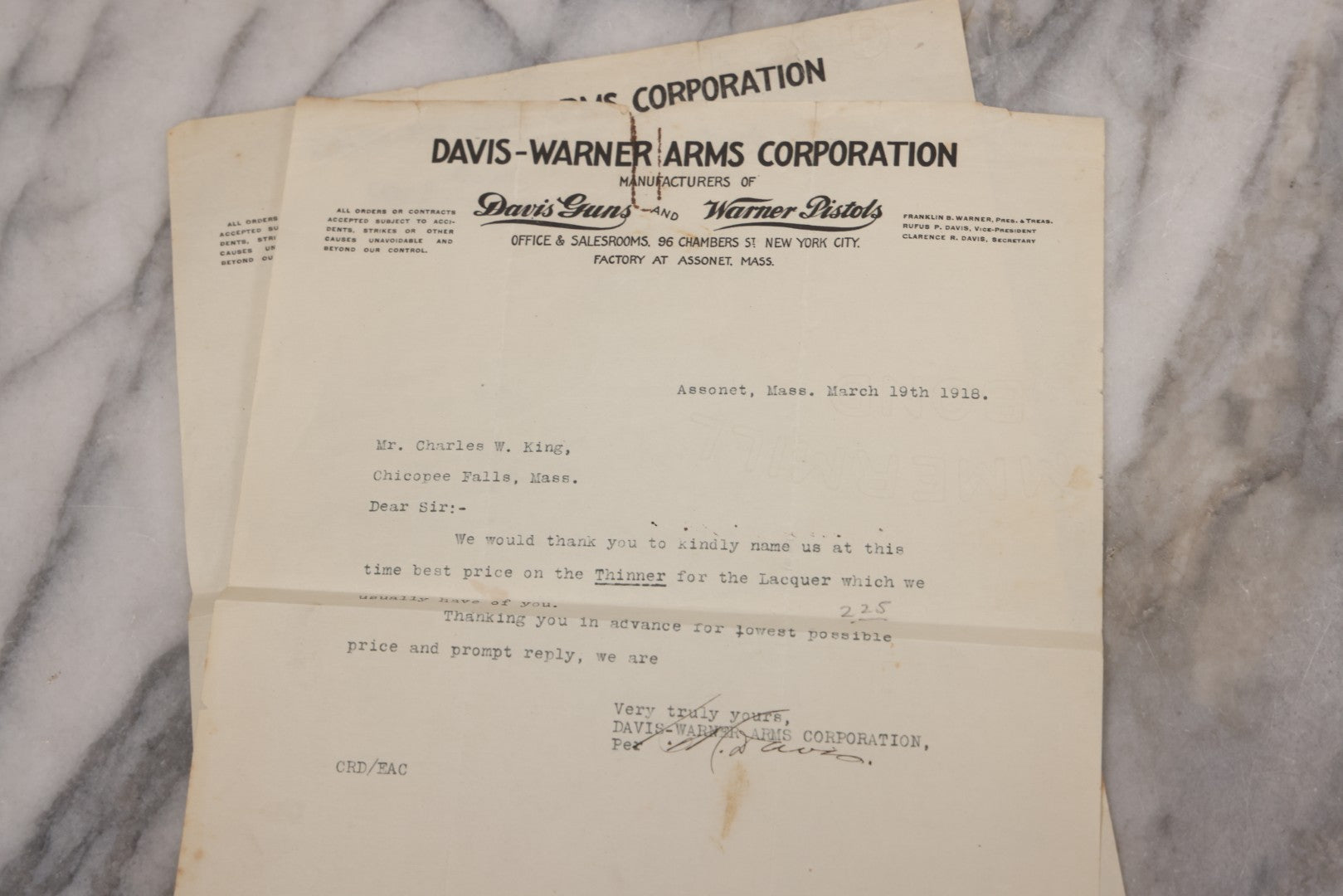 Lot 083 - Grouping Of 5 Antique Letters From Davis-Warner Arms Corp., Assonet, Mass, Manufacturer Of Davis Guns And Warner Pistols, To Charles W. King, Chicopee Falls, Mass, Inquiring About Soldering And Lacquer Products For Gun Manufacture, 1916-1918