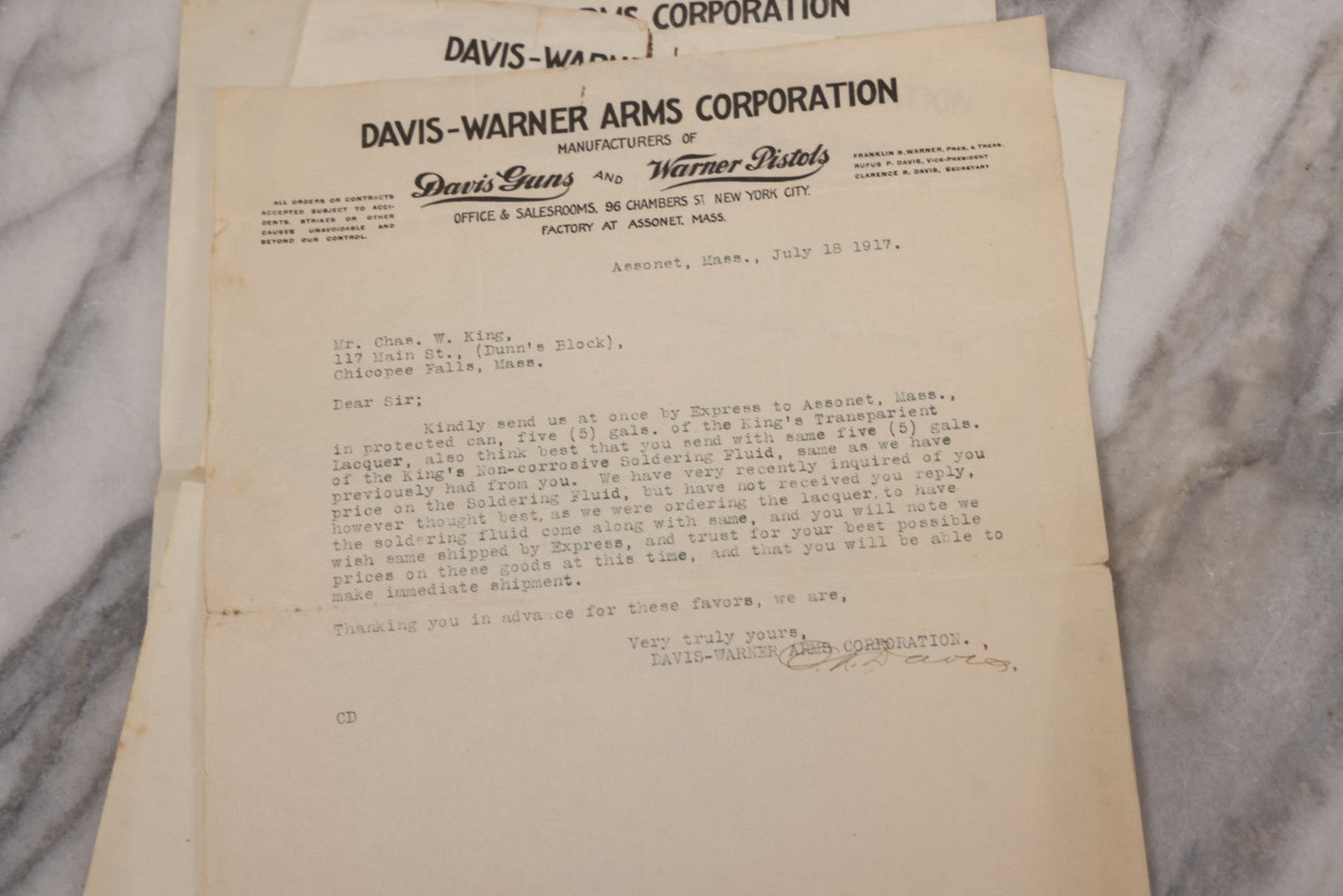 Lot 083 - Grouping Of 5 Antique Letters From Davis-Warner Arms Corp., Assonet, Mass, Manufacturer Of Davis Guns And Warner Pistols, To Charles W. King, Chicopee Falls, Mass, Inquiring About Soldering And Lacquer Products For Gun Manufacture, 1916-1918