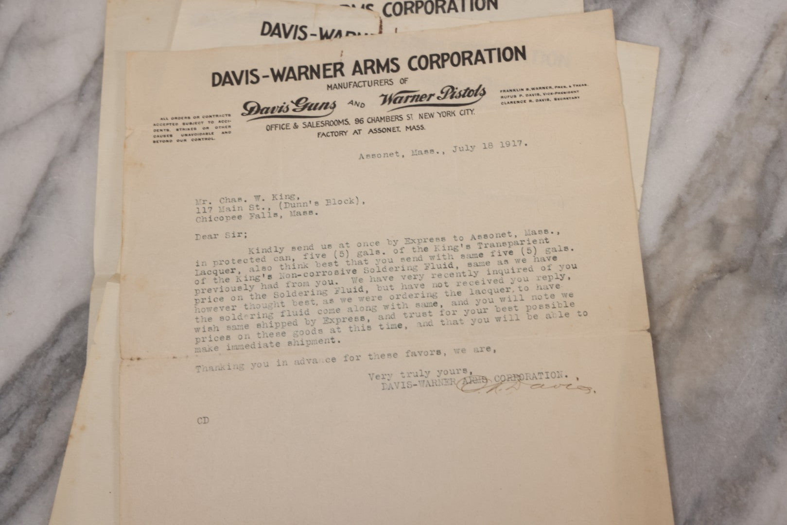 Lot 083 - Grouping Of 5 Antique Letters From Davis-Warner Arms Corp., Assonet, Mass, Manufacturer Of Davis Guns And Warner Pistols, To Charles W. King, Chicopee Falls, Mass, Inquiring About Soldering And Lacquer Products For Gun Manufacture, 1916-1918