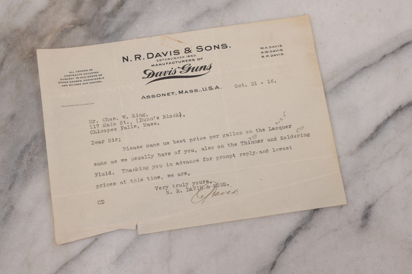 Lot 083 - Grouping Of 5 Antique Letters From Davis-Warner Arms Corp., Assonet, Mass, Manufacturer Of Davis Guns And Warner Pistols, To Charles W. King, Chicopee Falls, Mass, Inquiring About Soldering And Lacquer Products For Gun Manufacture, 1916-1918