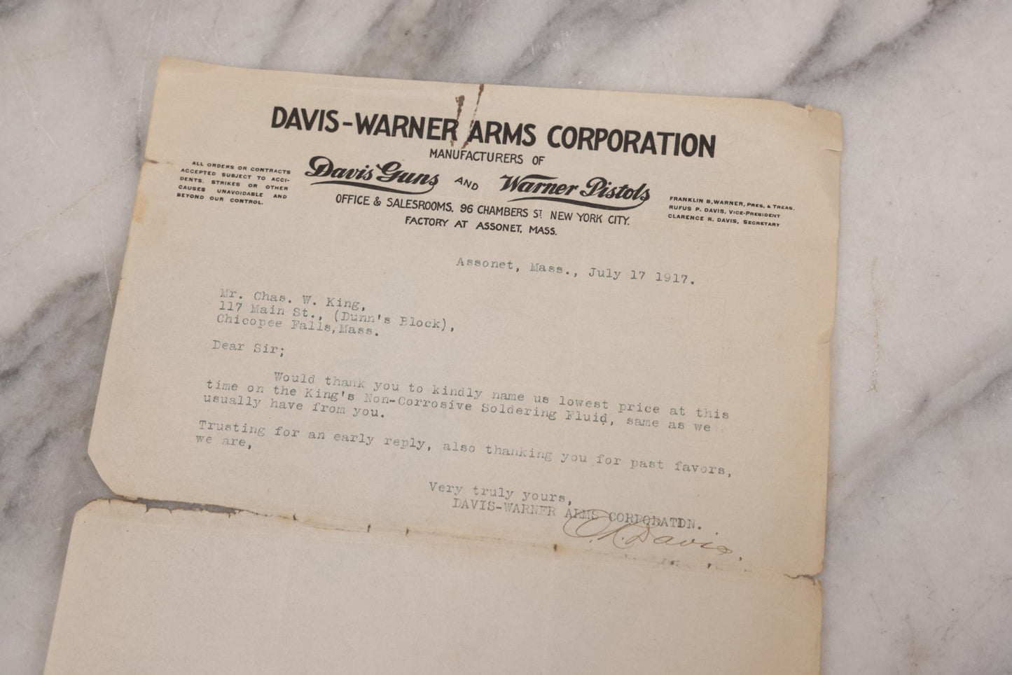 Lot 083 - Grouping Of 5 Antique Letters From Davis-Warner Arms Corp., Assonet, Mass, Manufacturer Of Davis Guns And Warner Pistols, To Charles W. King, Chicopee Falls, Mass, Inquiring About Soldering And Lacquer Products For Gun Manufacture, 1916-1918