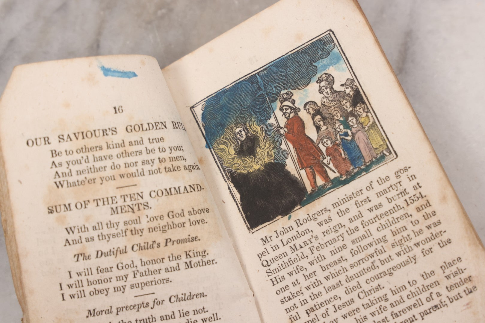 Lot 084 - Antique Children's Religious Primer Booklet, "The New England Primer" Published By S.H. Colesworthy, 1839, With Hand Colored Engravings Including John Rodgers Martyrdom