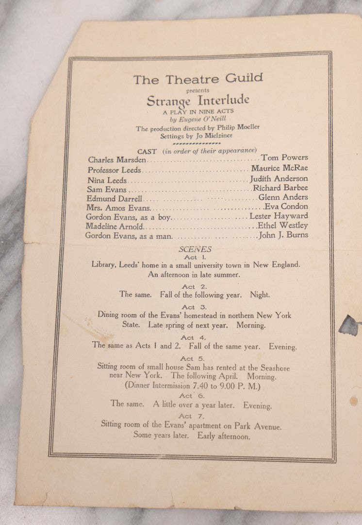 Lot 085 - Vintage Theater Guild Program For "Strange Interlude" By Eugene O'Neill, Controversial Play Banned In Boston And Staged At Quincy Theater, Quincy, Massachusetts