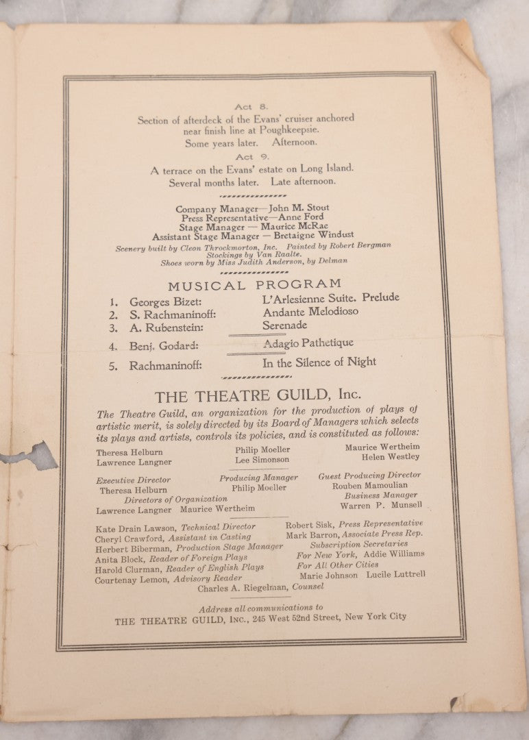 Lot 085 - Vintage Theater Guild Program For "Strange Interlude" By Eugene O'Neill, Controversial Play Banned In Boston And Staged At Quincy Theater, Quincy, Massachusetts