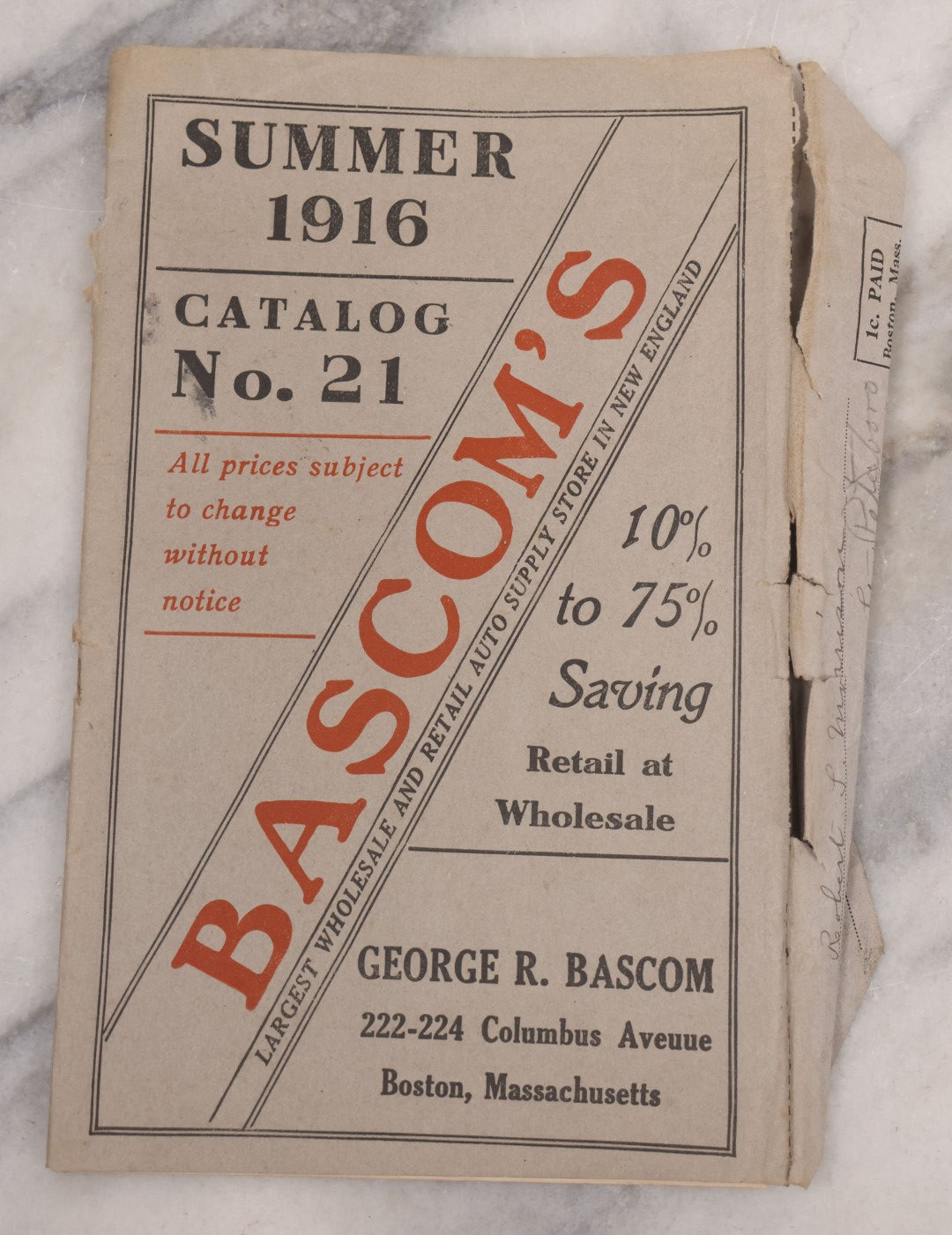 Lot 088 - Bascom's Summer 1916 Catalog Pamphlet, "Largest Wholesale And Retail Auto Supply Store In New England," With Many Illustrations Of Car Parts For Sale
