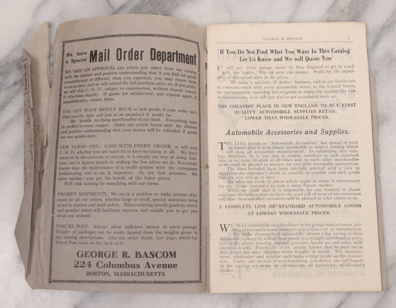 Lot 088 - Bascom's Summer 1916 Catalog Pamphlet, "Largest Wholesale And Retail Auto Supply Store In New England," With Many Illustrations Of Car Parts For Sale