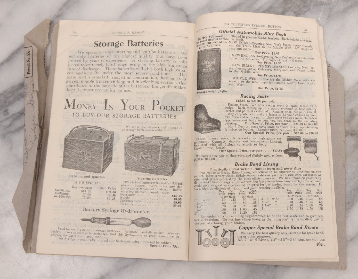 Lot 088 - Bascom's Summer 1916 Catalog Pamphlet, "Largest Wholesale And Retail Auto Supply Store In New England," With Many Illustrations Of Car Parts For Sale