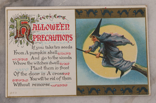 Lot 094 - Antique Embossed Halloween Postcard, "Halloween Precautions," Witch, Spooked Black Cat Border, Poem With Instructions For Pumpkin Seeds, Postmarked 1914