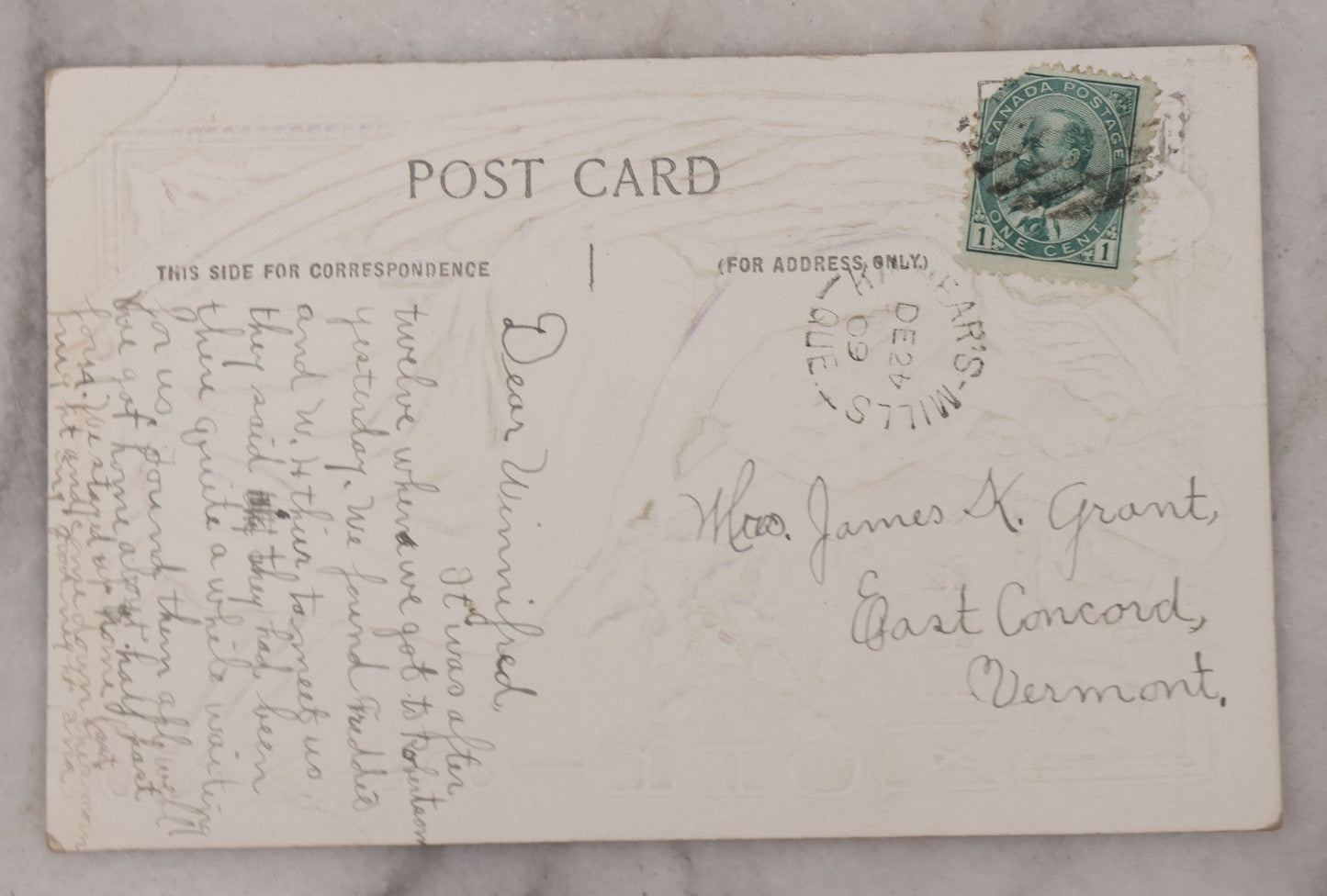 Lot 095 - Antique Embossed Christmas Postcard, "Merry Christmas" Featuring Angel And Mistletoe, White, Purple And Gold Coloring, Postmarked 1909