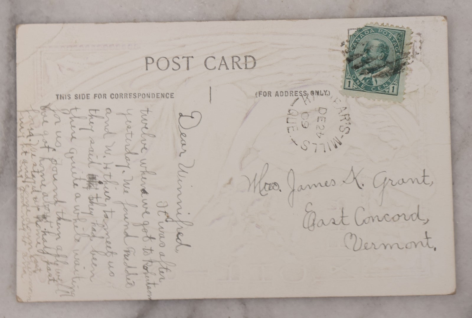 Lot 095 - Antique Embossed Christmas Postcard, "Merry Christmas" Featuring Angel And Mistletoe, White, Purple And Gold Coloring, Postmarked 1909