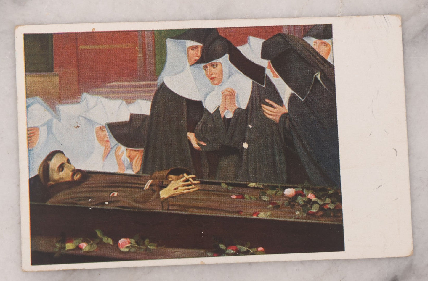 Lot 098 - Antique Illustrated Postcard Depicting "St. Clara And Her Sisters Meet St. Francis On His Funeral," Circa 1940