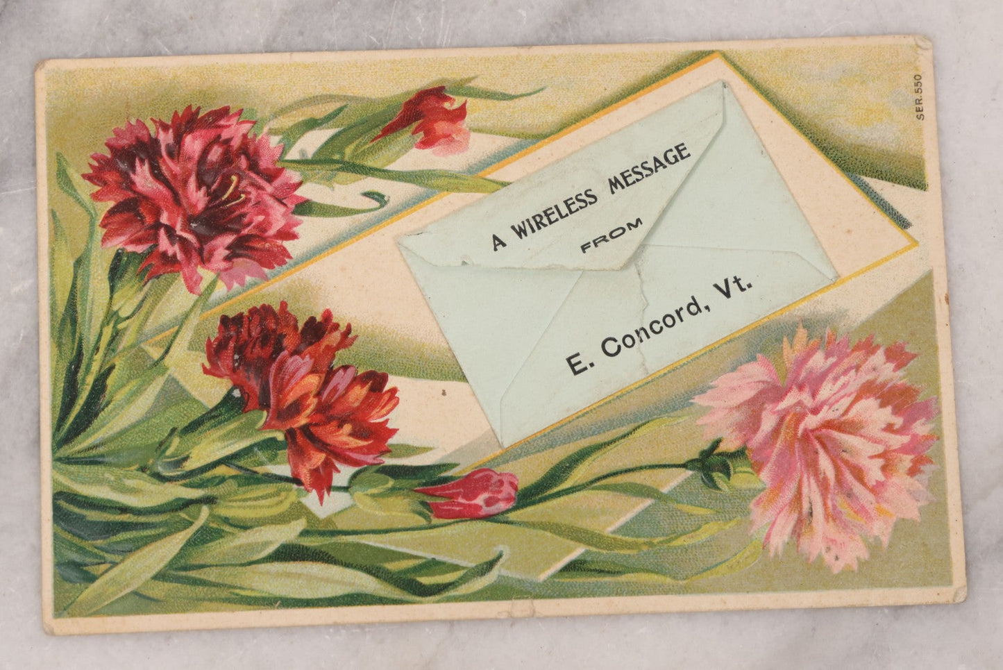 Lot 099 - Antique Embossed Postcard With Mechanical Envelope Element, "A Wireless Message From E Concord V.T.," Handwritten Note Inside The Envelope Instead Of On Verso, Printed In Germany, Postmarked 1908