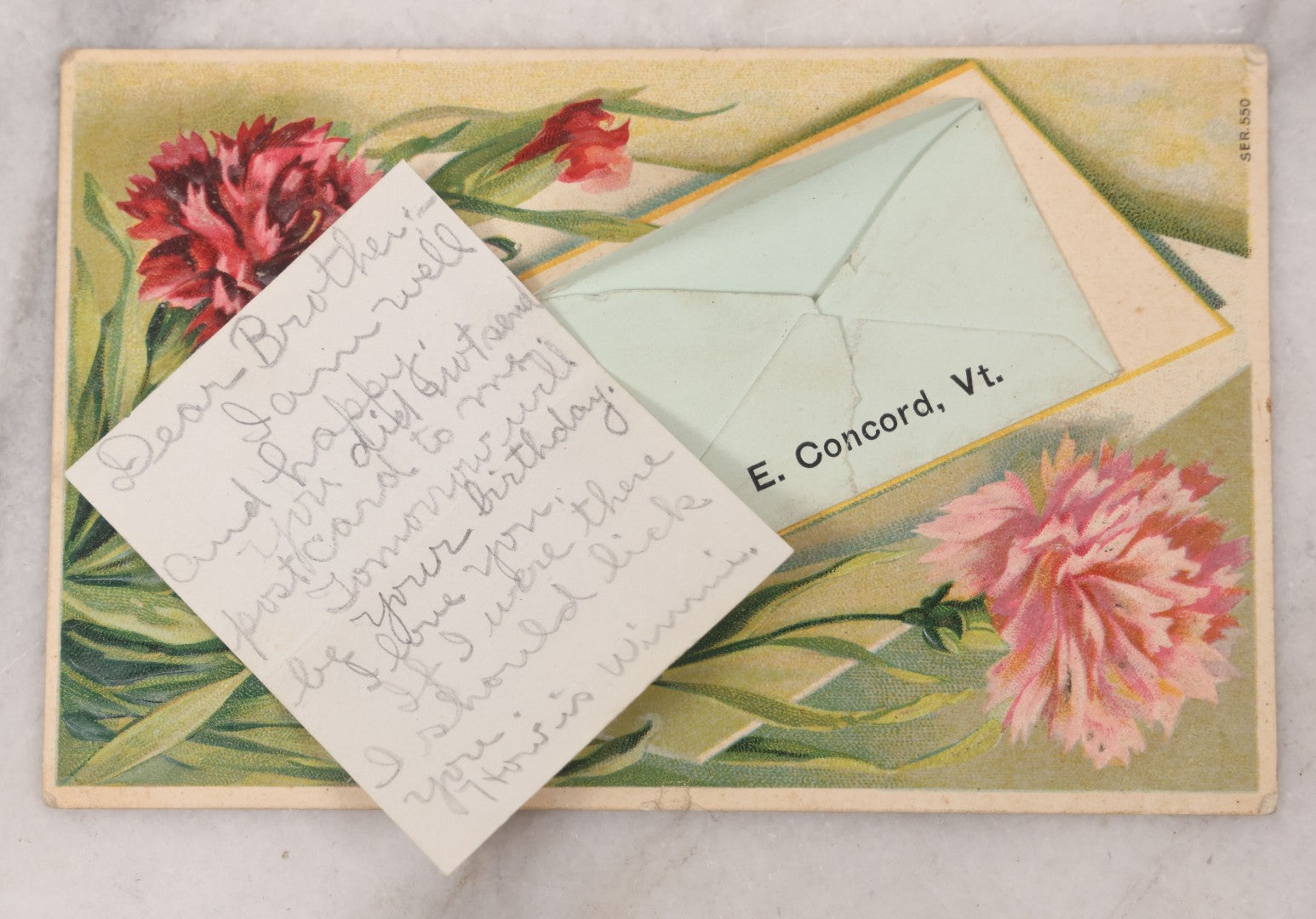 Lot 099 - Antique Embossed Postcard With Mechanical Envelope Element, "A Wireless Message From E Concord V.T.," Handwritten Note Inside The Envelope Instead Of On Verso, Printed In Germany, Postmarked 1908