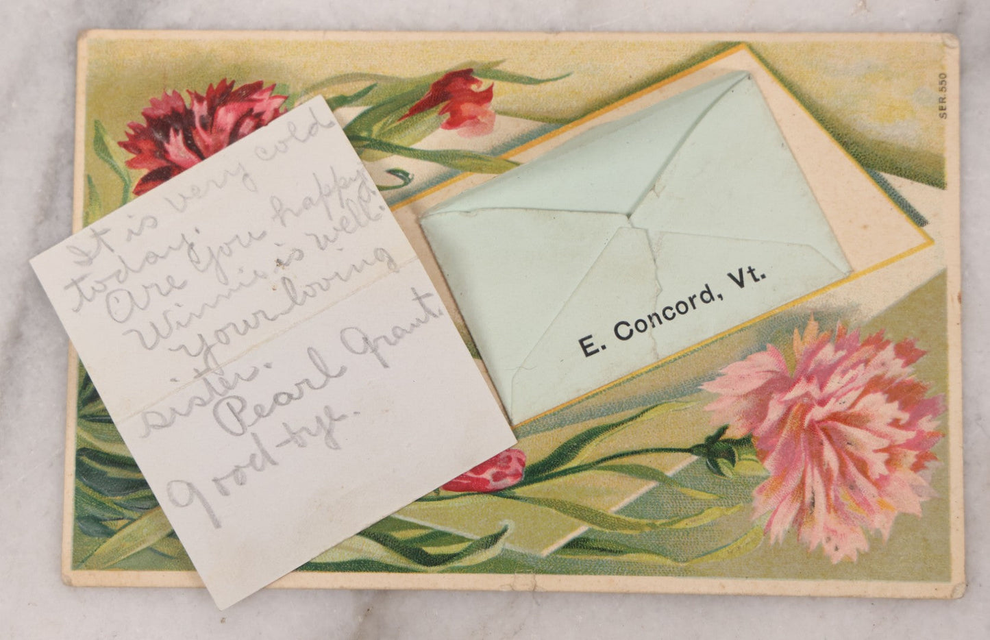 Lot 099 - Antique Embossed Postcard With Mechanical Envelope Element, "A Wireless Message From E Concord V.T.," Handwritten Note Inside The Envelope Instead Of On Verso, Printed In Germany, Postmarked 1908