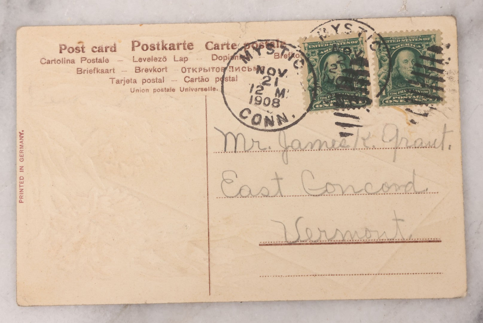 Lot 099 - Antique Embossed Postcard With Mechanical Envelope Element, "A Wireless Message From E Concord V.T.," Handwritten Note Inside The Envelope Instead Of On Verso, Printed In Germany, Postmarked 1908