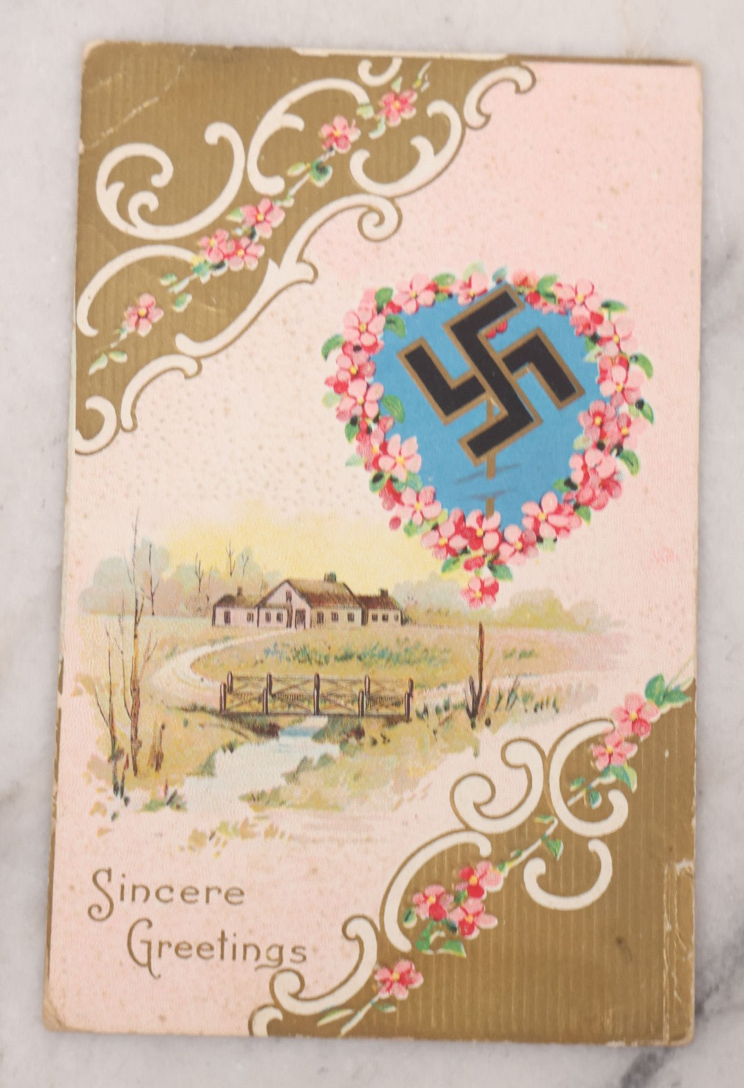 Lot 101 - Antique Embossed "Sincere Greetings" Postcard With Whirling Logs Motif And Pink Flowers, Postmarked 1912