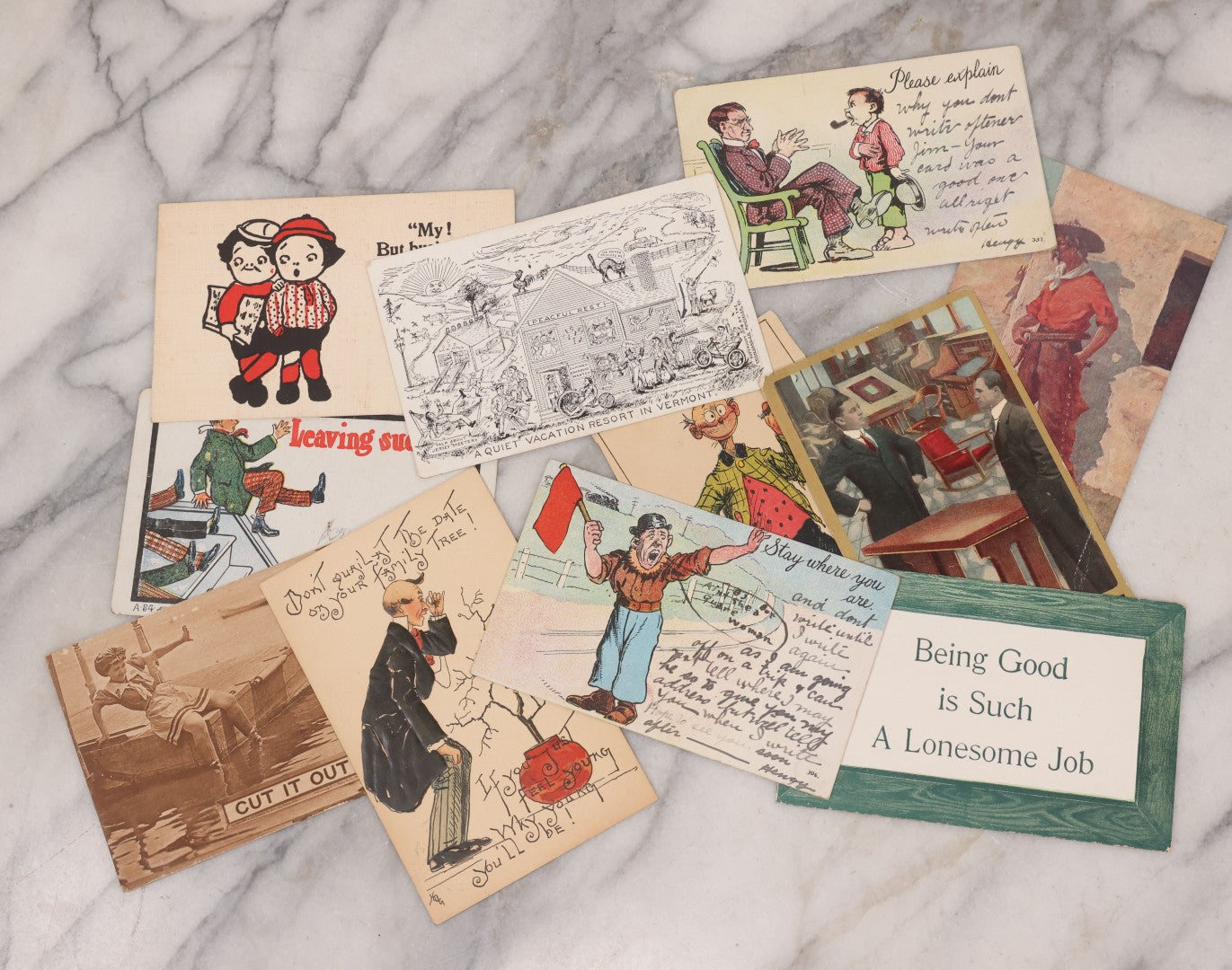 Lot 106 - Grouping Of 11 Antique Cheeky Comic Postcards, Including "You Seem To Be Unable To Do Anything - I Always Had A Political Job."