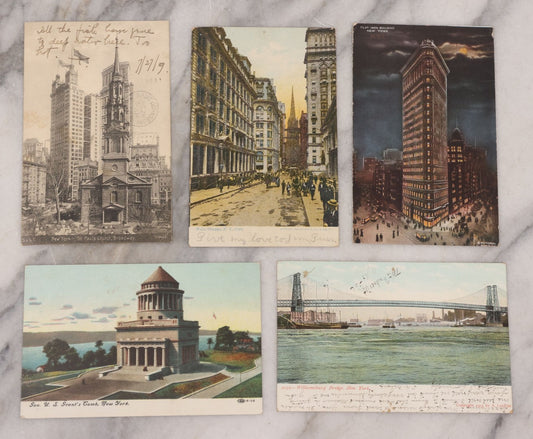 Lot 107 - Grouping Of Five Antique New York Postcards, Including Glitter Postcard, St. Paul's Church, Flatiron Building