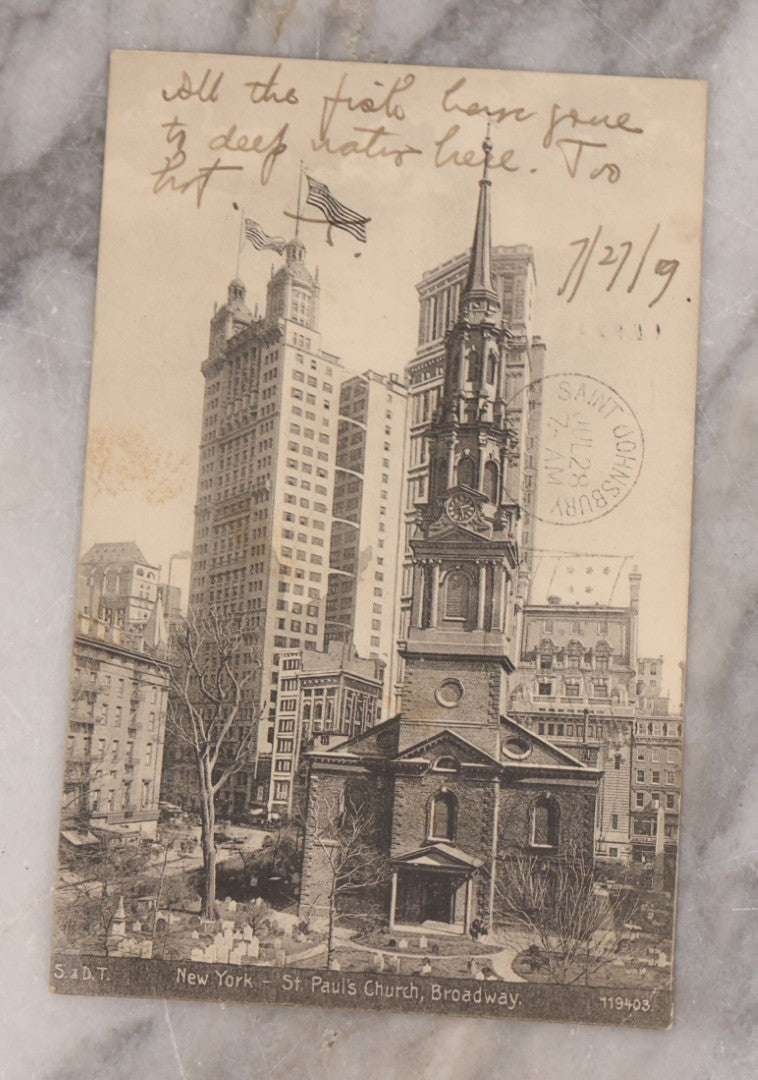Lot 107 - Grouping Of Five Antique New York Postcards, Including Glitter Postcard, St. Paul's Church, Flatiron Building