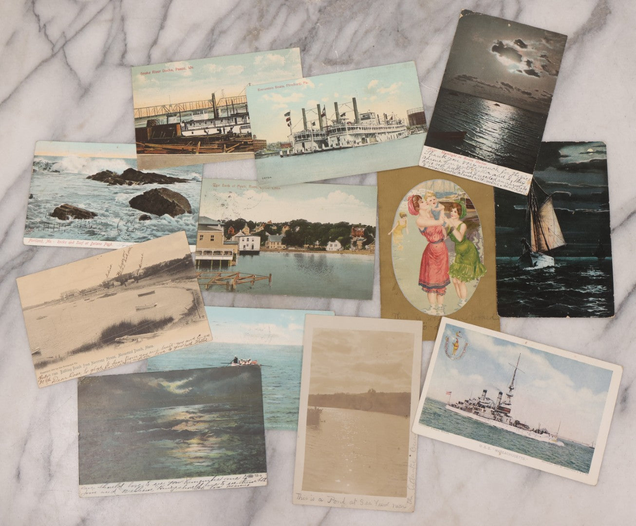 Lot 108 - Grouping Of 12 Antique Postcards Of Ship, Harbor And Ocean Scenes, Mostly New England