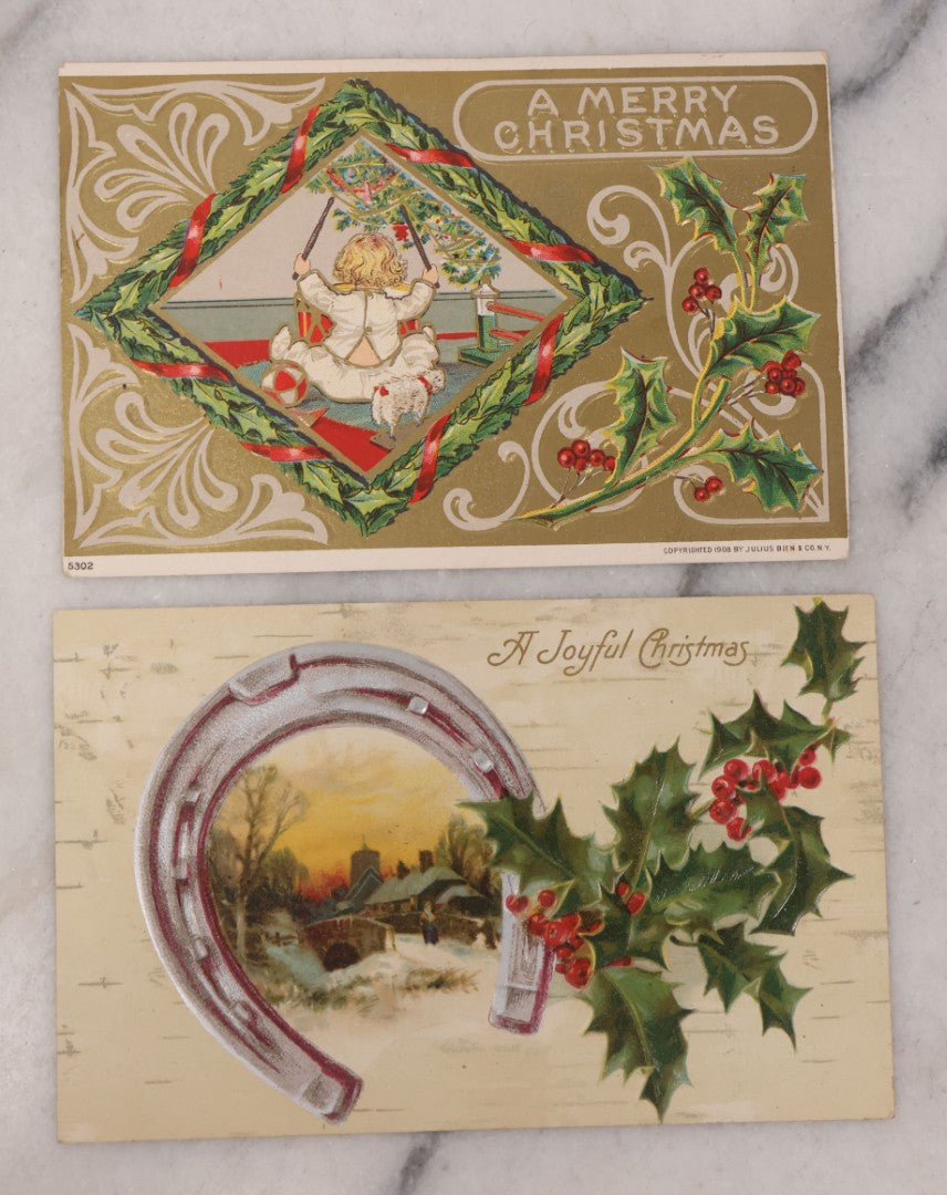 Lot 110 - Grouping Of 19 Antique Christmas Postcards, Most Embossed, With Winter Scenes, Poems, And Plenty Of Mistletoe