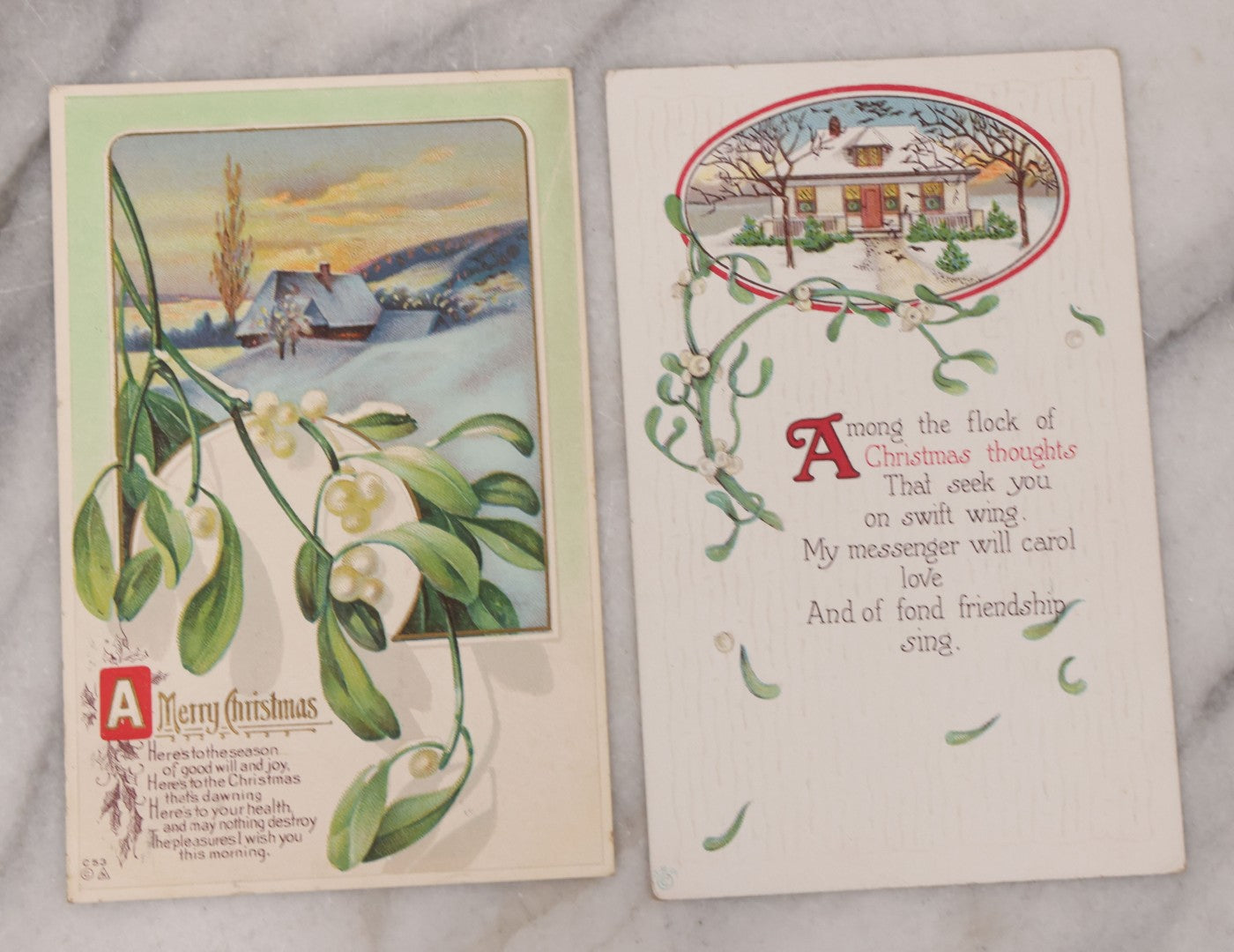 Lot 110 - Grouping Of 19 Antique Christmas Postcards, Most Embossed, With Winter Scenes, Poems, And Plenty Of Mistletoe