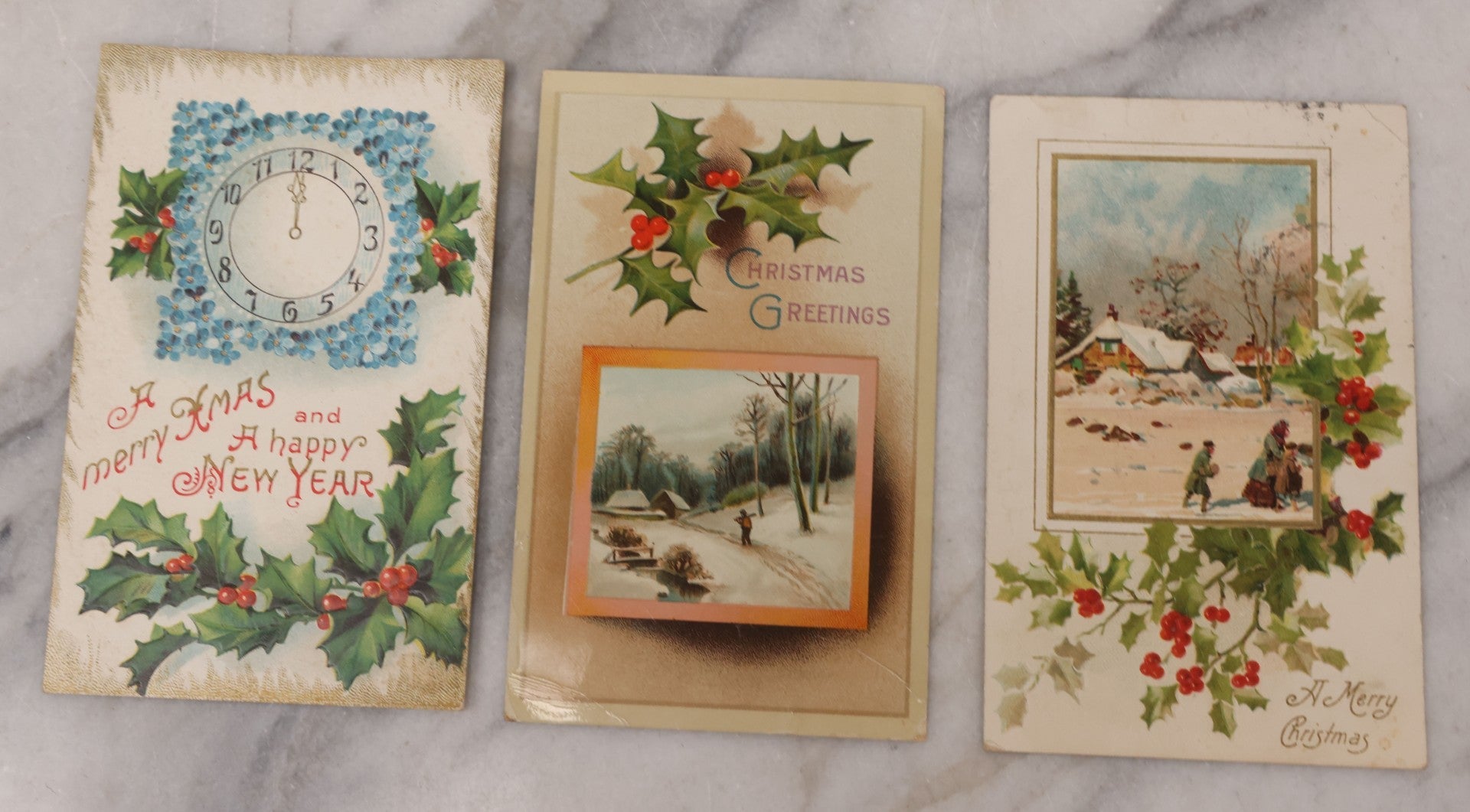 Lot 110 - Grouping Of 19 Antique Christmas Postcards, Most Embossed, With Winter Scenes, Poems, And Plenty Of Mistletoe