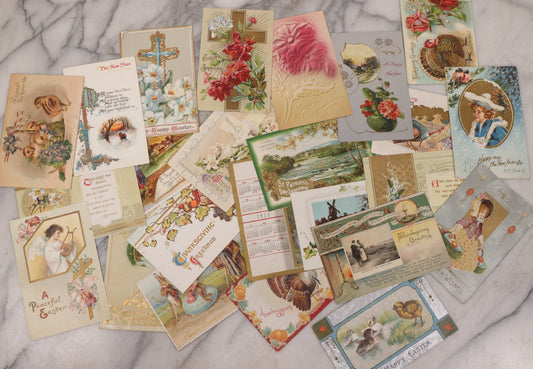 Lot 111 - Grouping Of 25 Antique Holiday Postcards, Most Embossed, Some With Glitter, Including New Years, Easter, Thanksgiving And More