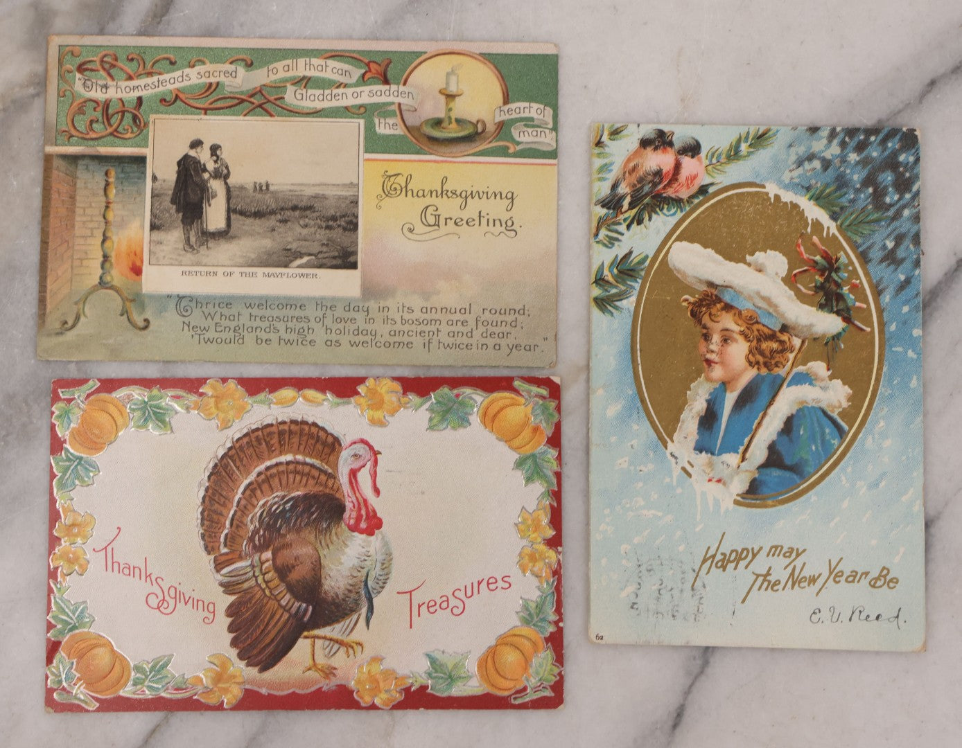 Lot 111 - Grouping Of 25 Antique Holiday Postcards, Most Embossed, Some With Glitter, Including New Years, Easter, Thanksgiving And More