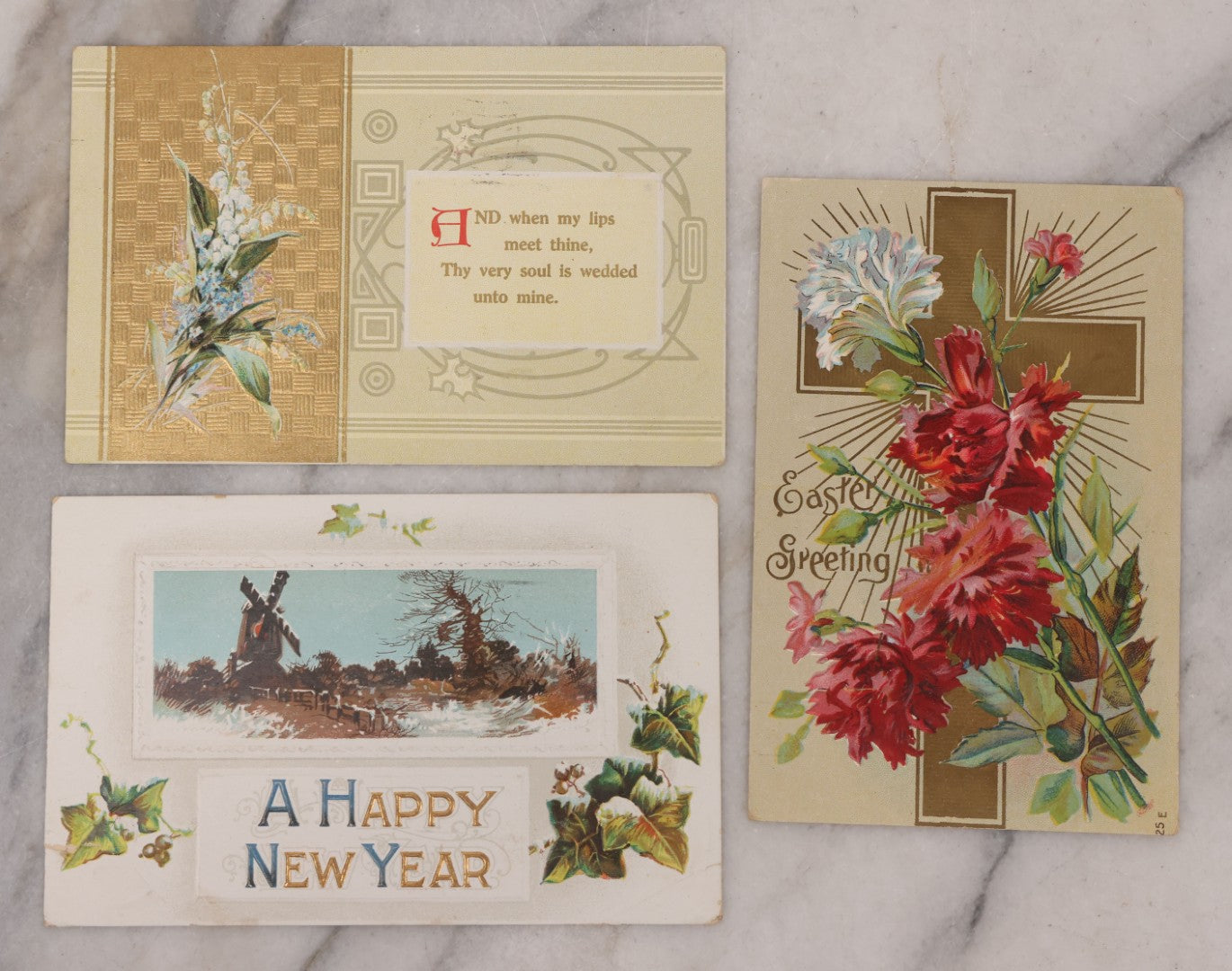 Lot 111 - Grouping Of 25 Antique Holiday Postcards, Most Embossed, Some With Glitter, Including New Years, Easter, Thanksgiving And More