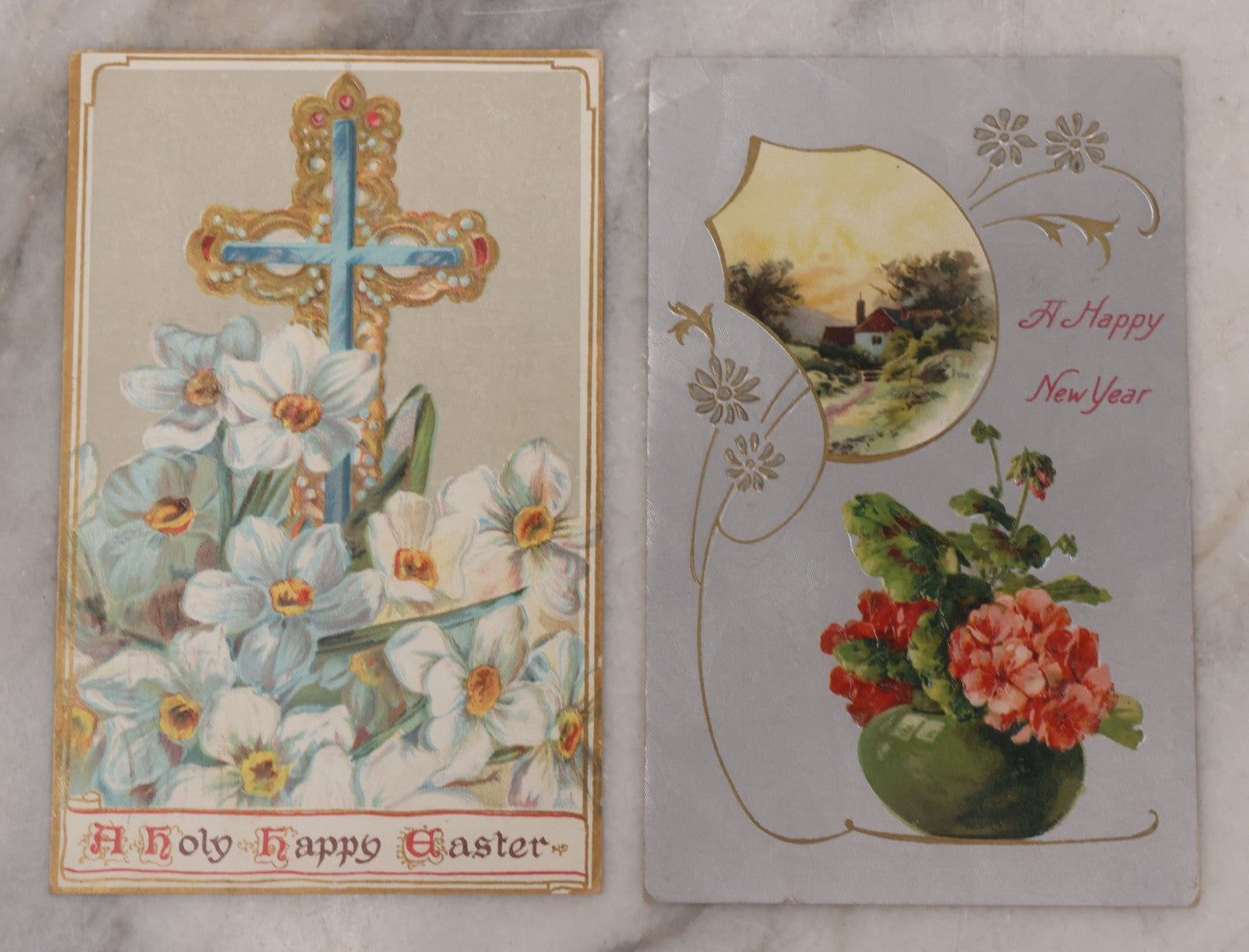Lot 111 - Grouping Of 25 Antique Holiday Postcards, Most Embossed, Some With Glitter, Including New Years, Easter, Thanksgiving And More