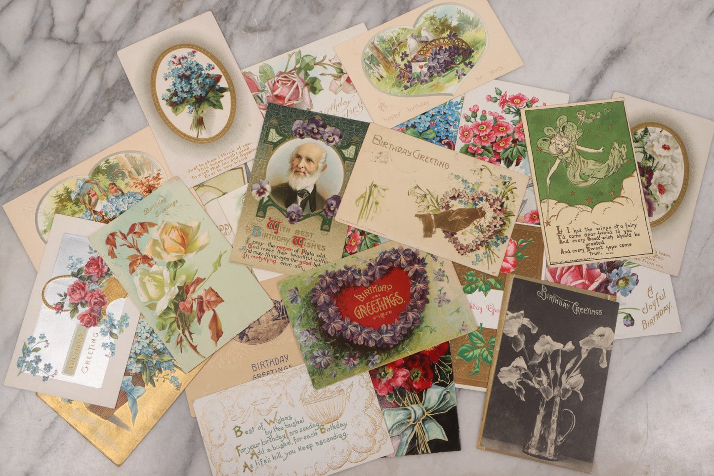 Lot 112 - Grouping Of 25 Antique Birthday Postcards, Most Embossed, With Flower Bouquets, Poetry And More