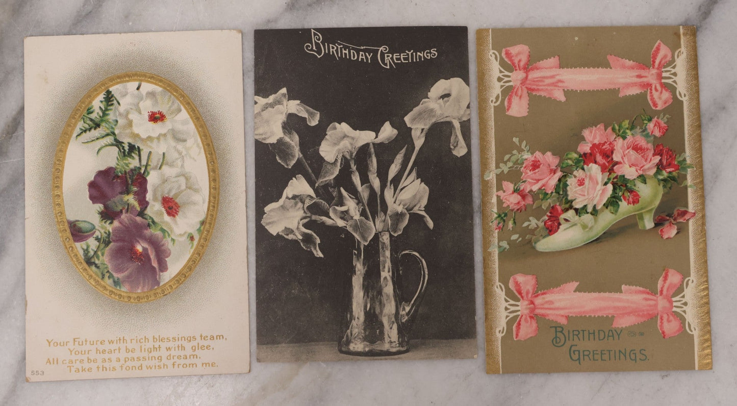 Lot 112 - Grouping Of 25 Antique Birthday Postcards, Most Embossed, With Flower Bouquets, Poetry And More