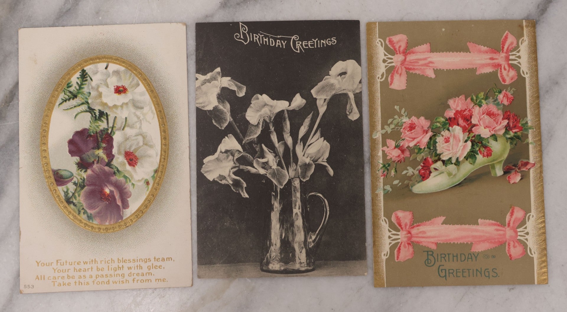 Lot 112 - Grouping Of 25 Antique Birthday Postcards, Most Embossed, With Flower Bouquets, Poetry And More