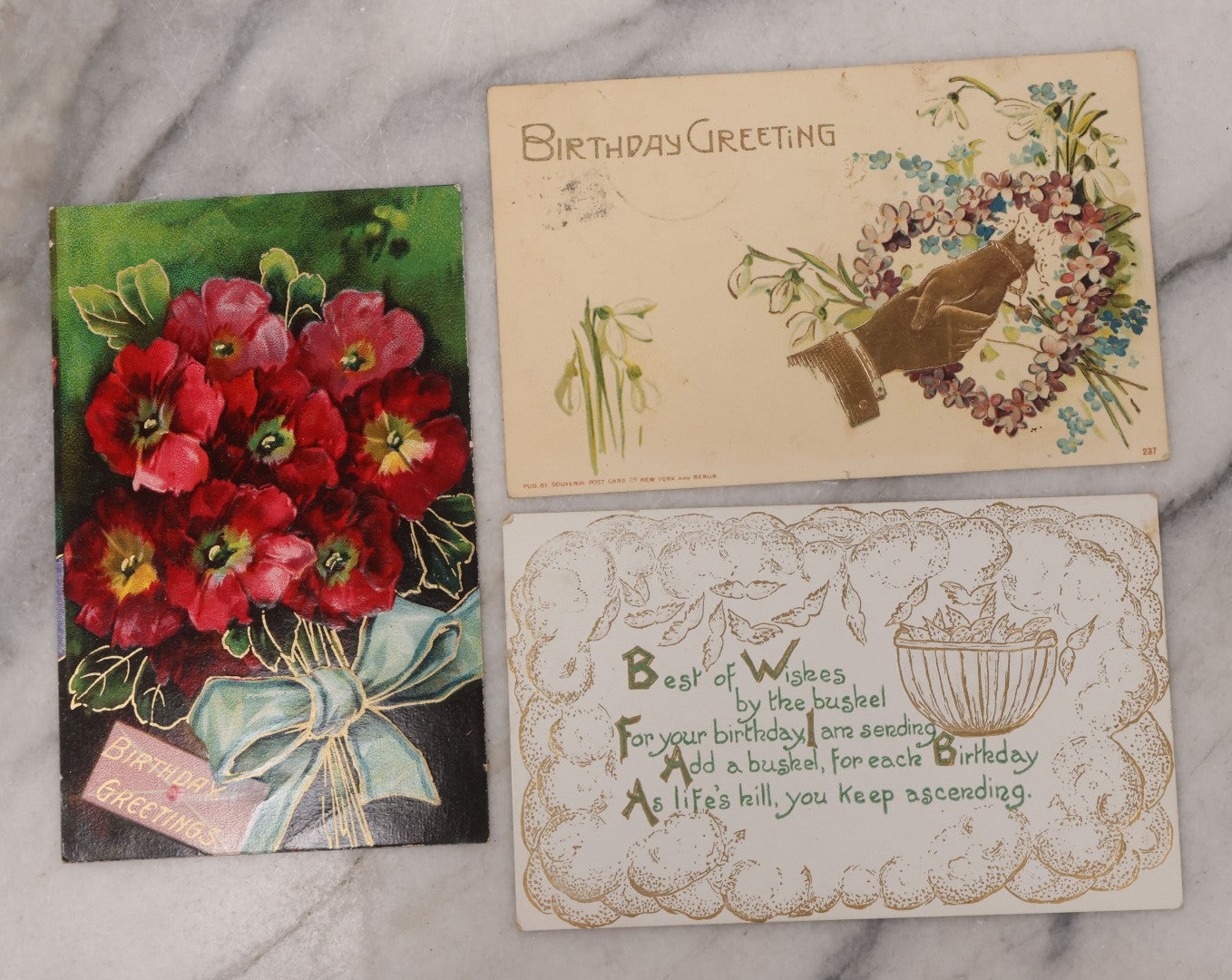 Lot 112 - Grouping Of 25 Antique Birthday Postcards, Most Embossed, With Flower Bouquets, Poetry And More