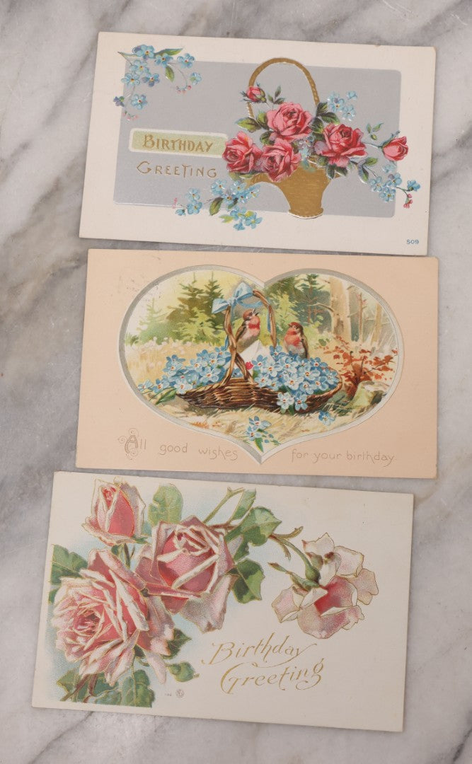 Lot 112 - Grouping Of 25 Antique Birthday Postcards, Most Embossed, With Flower Bouquets, Poetry And More